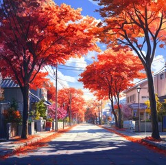 Crimson Canopy: anime-style Morning on the Enchanted Maple Boulevard, Vibrant Fall Celebrations in Urban Canvas,Anime-Style,illustration,Picture BooksFor Poster,Novel,UI,WEB,Game,Design