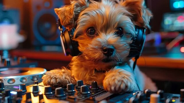 A small dog wearing headphones explores a DJ setup in a home studio