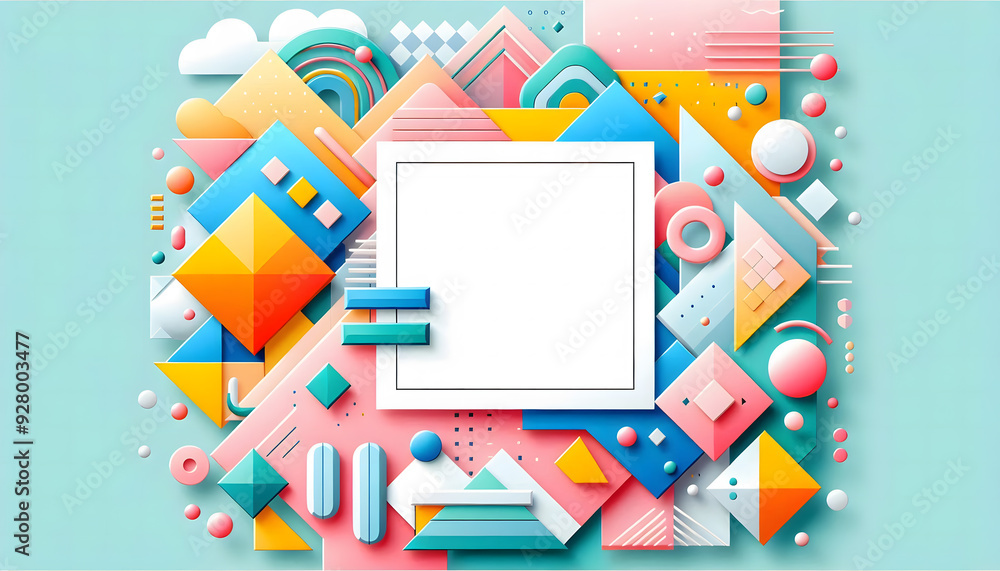 Poster bright background with geometric shapes with white space in the center for your text or design.