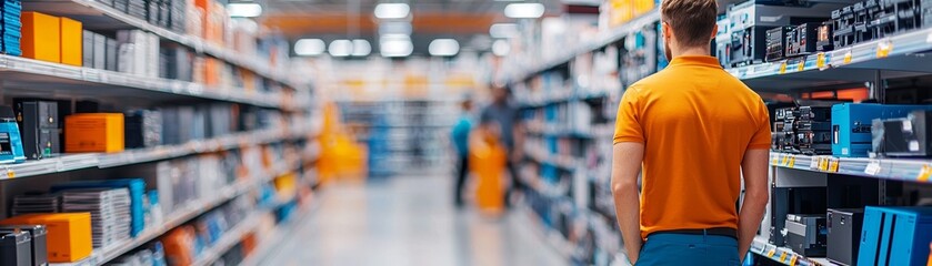 A retail worker assists customers in a well-stocked electronics aisle, showcasing organized products and vibrant store ambiance.