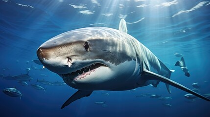 Fototapeta premium Great White Shark in blue ocean. Underwater photography. 