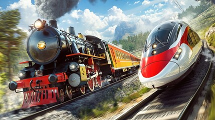 Evolution of Travel: Vintage Steam Locomotive Versus Sleek High-Speed Train - A Visual Comparison of Past and Present Transportation Technology.