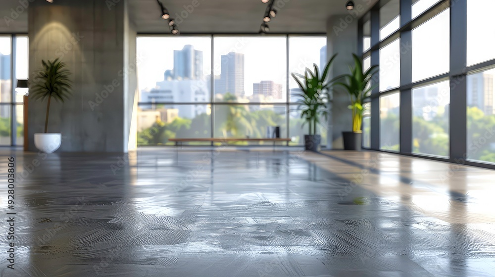 Poster a wide shot of a modern, minimalist office with large windows overlooking a cityscape. the floor is 