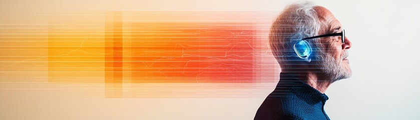 A senior man experiencing sound waves, highlighting the importance of hearing and technology for the aging population.