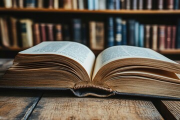 Fototapeta premium book with open pages, close up, books on the shelf in school, open book on wooden table. back to school concept with generative ai