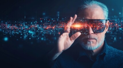 A senior man wearing futuristic glasses, engaging with digital technology in a vibrant, tech-inspired environment.