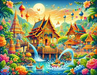 Songkran Festival, Thai New Year, including water splashing and traditional Thai architecture.