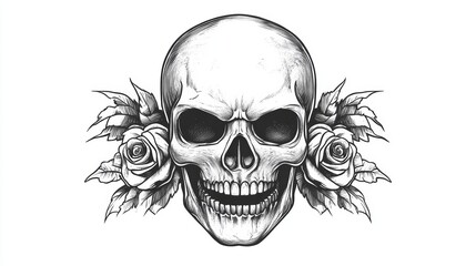 Obraz premium A detailed skull illustration adorned with roses, symbolizing beauty and mortality.