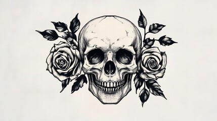 Obraz premium A detailed illustration of a skull surrounded by roses, symbolizing life and death.