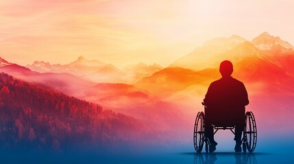 Obraz premium A serene silhouette of a person in a wheelchair against a vibrant sunset over a mountainous landscape, symbolizing hope and determination.
