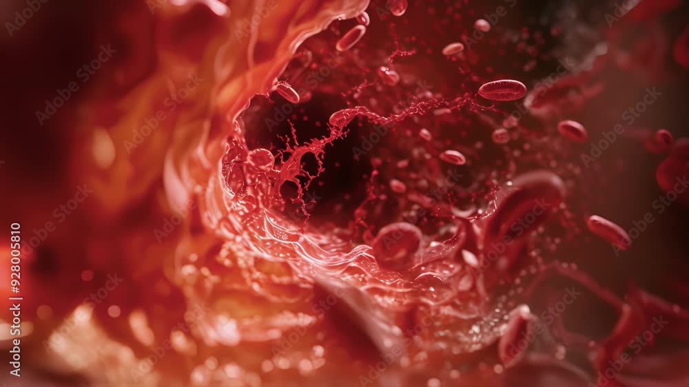 Poster a swirling vortex of red cells each carrying its cargo of oxygen and nutrients navigating through a 