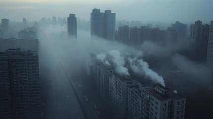 A misty urban scene featuring tall, dimly lit apartment buildings lining a fog-covered road.