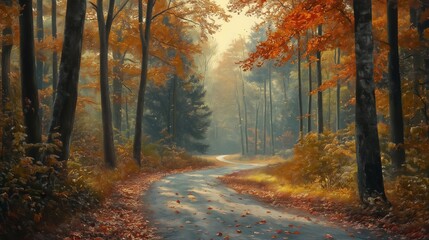 Obraz premium A tranquil forest path winds through tall trees adorned with vibrant autumn foliage, with fallen leaves scattered across the ground.