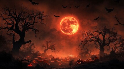 Fototapeta premium An eerie Halloween landscape featuring a glowing blood moon, twisted trees, jack-o'-lanterns, and bats flying across a dark, foggy sky.