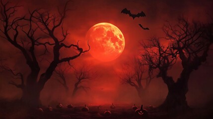 Fototapeta premium An eerie Halloween landscape featuring a glowing blood moon, twisted trees, jack-o'-lanterns, and bats flying across a dark, foggy sky.