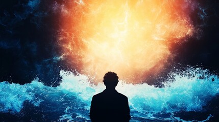 Obraz premium A silhouette of a person stands against a dramatic explosion of colors and crashing waves, evoking emotion and introspection.