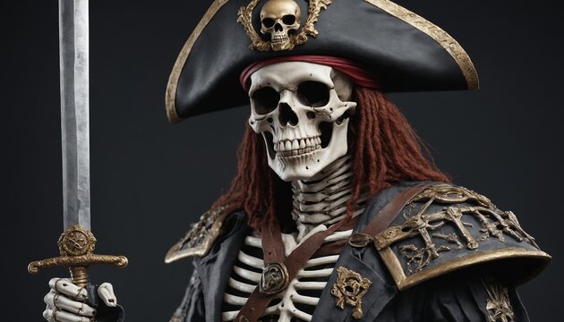 A grim captains last stand, a portrait of a skeletal pirate in timeless darkness