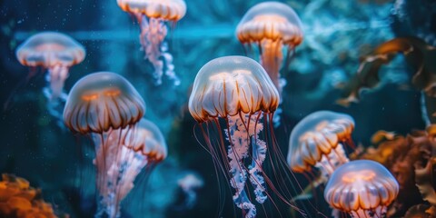 Aquarium Jellyfish Group Juvenile Jellyfish Swim in Tank