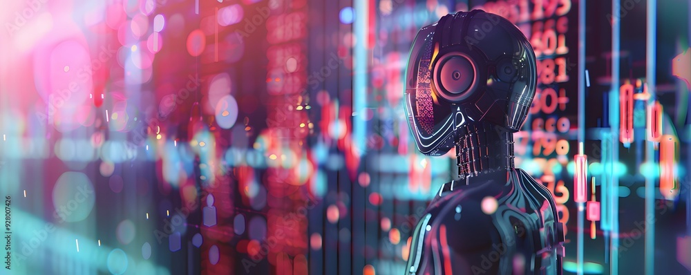 Aufkleber a futuristic robot observing data against a bright and colorful background