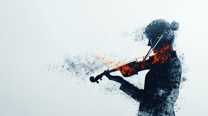 Fototapeta premium A striking silhouette of a violinist creating a fiery, artistic explosion, symbolizing passion and creativity in music.