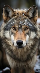 Fototapeta premium grey wolf setting on snow in the woods at winter with copyspace 