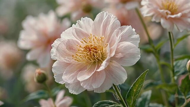 A close-up of a single flower with pastel petals swaying in the wind, against a blurred background for a subtle motion effect, creating a calm and delicate, serene aesthetic.