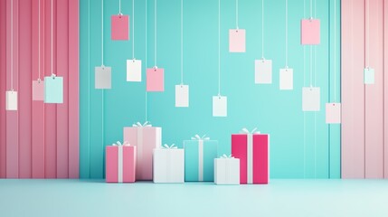 Fototapeta premium A vibrant arrangement of colorful gift boxes against a pastel background, ideal for celebrations and holidays.