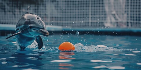 Dolphin gracefully playing with a ball in the pool