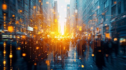 A vibrant city scene at sunset, showcasing a blur of lights and movement in urban life, perfect for modern lifestyle visuals.