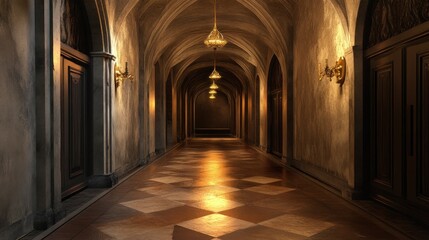 Obraz premium A long hallway with a checkered floor and arched ceilings.