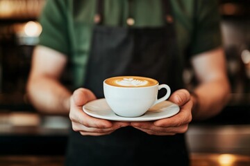 Barista Serving Coffee in White Cup on Saucer to Customer in Cafe, Close-Up of Hands with Black Apron, Green Shirted Man in Background