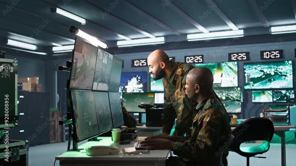 Poster team of army telecommunications operators using radio and satellite gear, cooperating to provide com