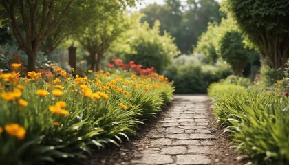 Obraz premium A sun-dappled path through a lush summer garden