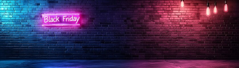 A vibrant neon 'Black Friday' sign illuminates a modern, colorful brick wall, creating a striking and dynamic atmosphere.