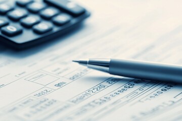 Close-up of Calculator and Pen on Financial Documents, Representing Financial Planning or Accounting with Suburban Lighting,