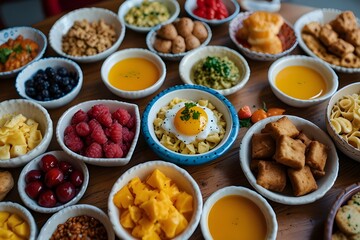 colorful and vibrant breakfast spread, with a variety of dishes from different cultures, each one more unique and visually stunning than the last