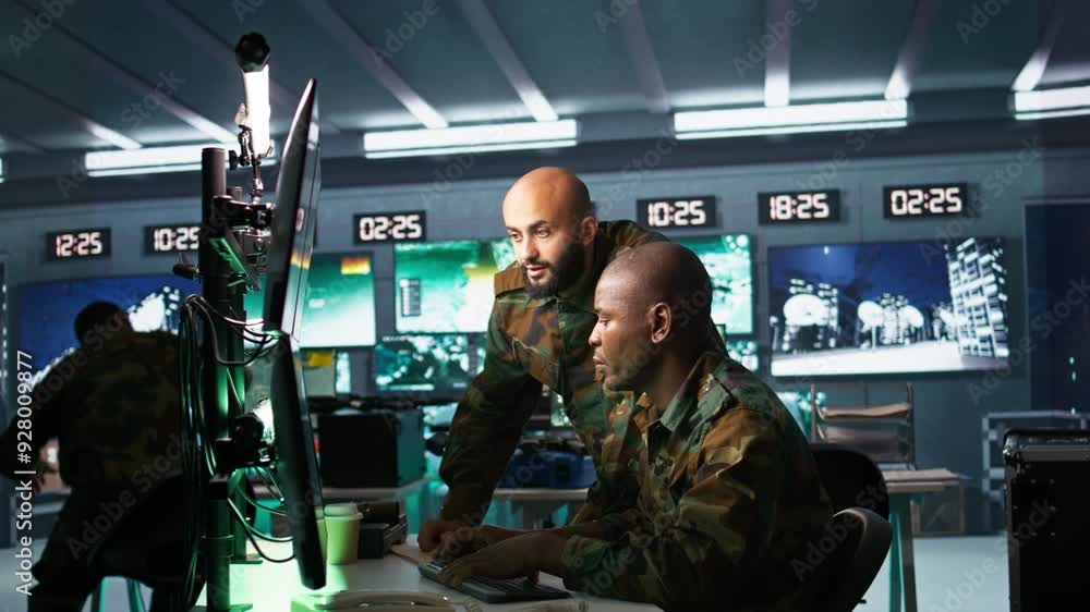 Poster army telecommunications operators using radio and satellite gear, inputting data on systems. militar