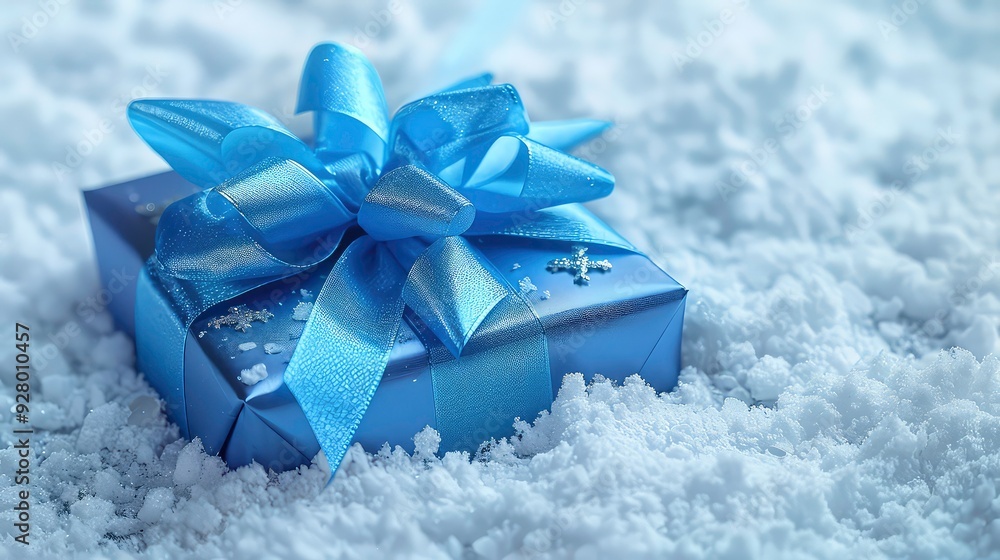Poster a blue gift box with a sparkly bow sits nestled in pristine white snow. the box is adorned with deli