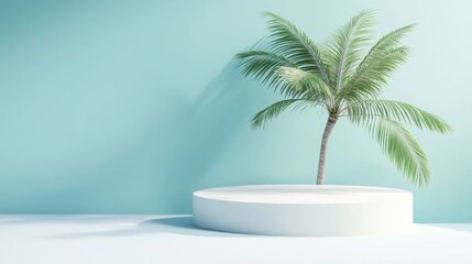 3D Render of White Podium Cylinder with Palm Tree on Summer.