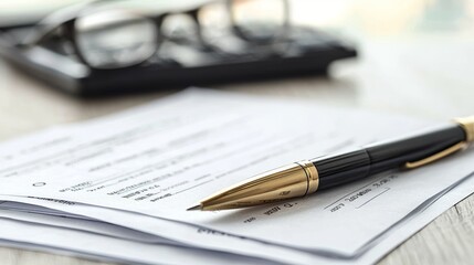 Fototapeta premium Close-up of a pen on a pile of documents, accompanied by glasses, symbolizing professionalism and office work.