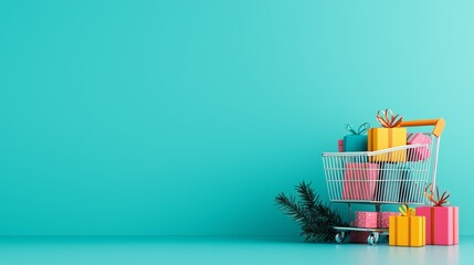 Colorful gifts in a shopping cart against a vibrant aqua background, perfect for holiday and seasonal marketing themes.