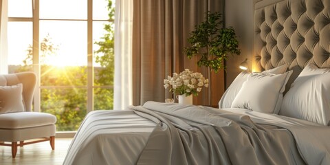 Clean and cozy hotel room featuring a freshly made king sized bed with a stylish headboard perfectly ironed sheets and plush pillows bathed in natural sunlight King size bed displayed in a s