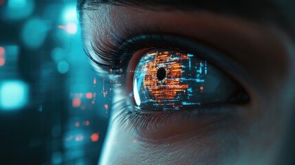 Close up of futuristic woman eye panel with cyber digital technology.