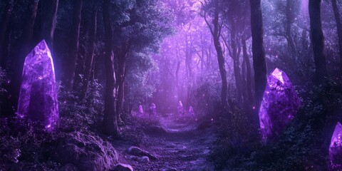 Fototapeta premium Enchanted Amethyst Forest: Anime-Style Night in the Mystical Land of Purple Crystals for Seasonal Celebrations and Fantasy Art,anime-style,illustration,Picture BooksFor Poster,Novel,UI,WEB,Game,Design