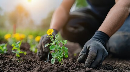 Gardener planting vibrant yellow flower in rich soil, showcasing dedication to gardening and nurturing nature's beauty.