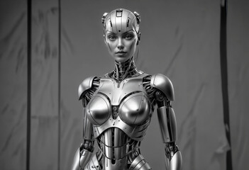Fototapeta premium robotic model in a minimal costume that juxtaposes sharply against her smooth, metallic skin, stands before an alternating black and white striped background