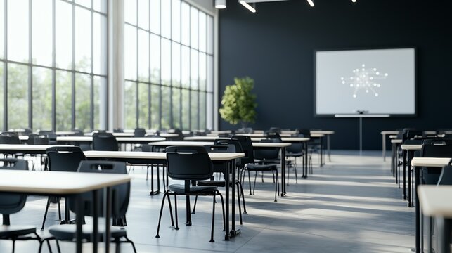 Modern classroom interior with rows of desks and chairs, large windows, and an interactive whiteboard creating a bright learning environment.