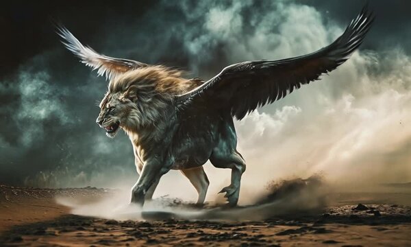 A Chimera Lion with Black Wings Runs Through a Dusty Landscape