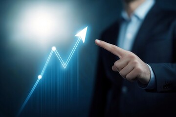 Businessman Pointing at Glowing Upward Arrow on Growing Graph Line, High Resolution Business Growth Concept, Close-Up of Blue Trending Chart on Transparent Background