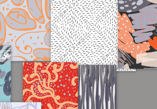 Seamless Pattern Collection with Hand Drawn Rough Abstract Strokes and Floral Elements